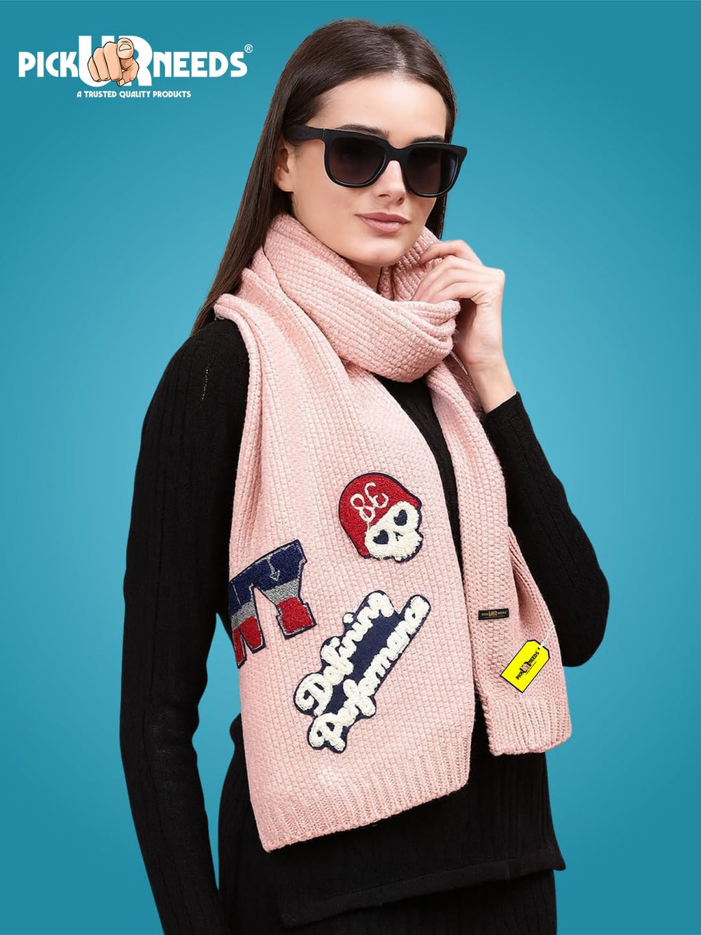 Pick Ur Needs Women Winter Woolen Muffler with Trendy Patch Design Soft Warm Knitted Scarf for Girls & Ladies Stylish Casual Mufflers (Baby Pink)