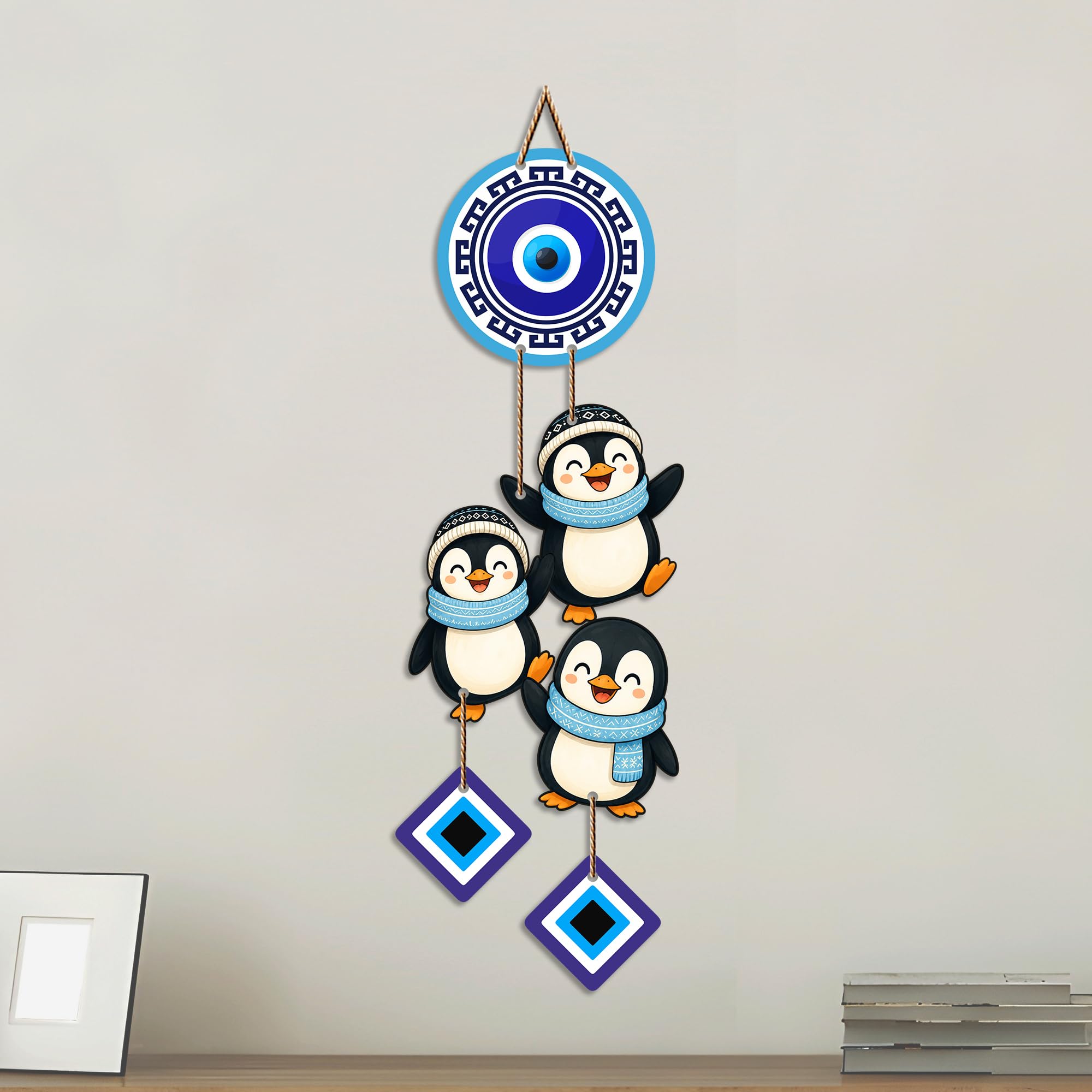 Artvibes Penguin Family Evil Eye Wall Hanging Decor for Kids Room | Living Room | Bedroom | Cute Nazar Battu Protection Ornament | Positive Energy Wall Accent Gift (WH_85147N)