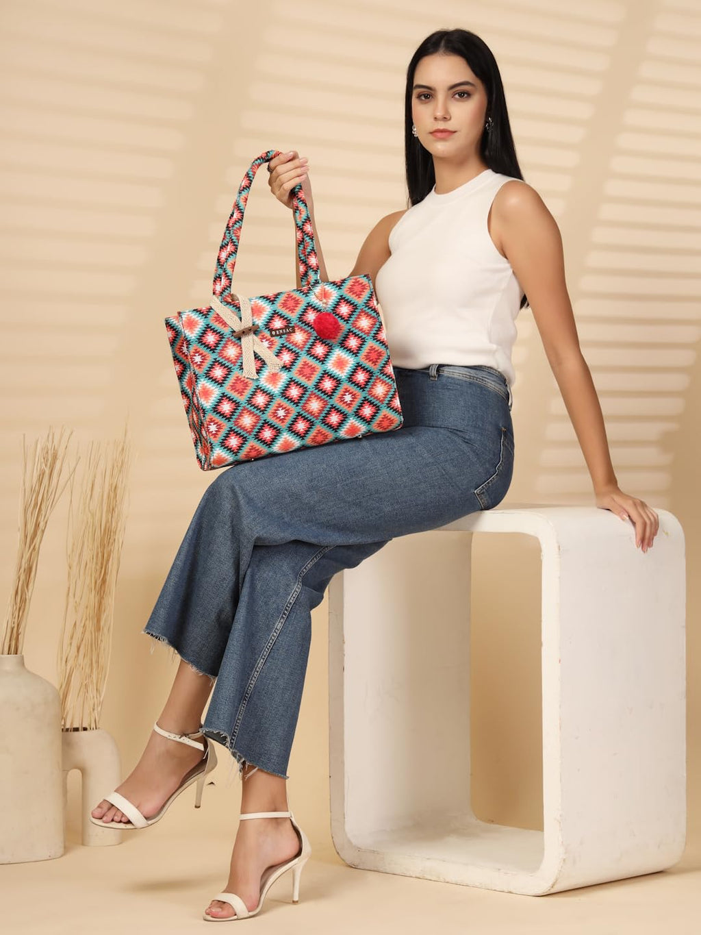 ENSAC Casual Tote Bag With Zipper for Women & Girls | Large Canvas Shoulder Bag, Stylish Designer Handbag, Ethnic Pattern, Spacious, Lightweight, Perfect for Office, College & Shopping