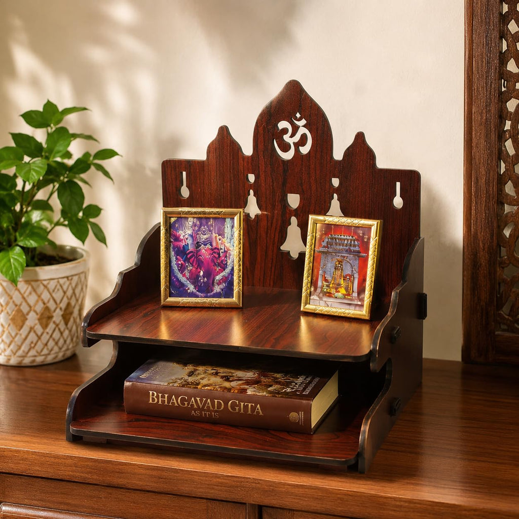 Zesta Wooden Mandir for Home Big Size | DIY Pooja Mandir with LED Spot Light | Devghar Cabinet for Living Room or Office | Wall Mounted Pooja Unit for Home (Temple with 2 Steps)