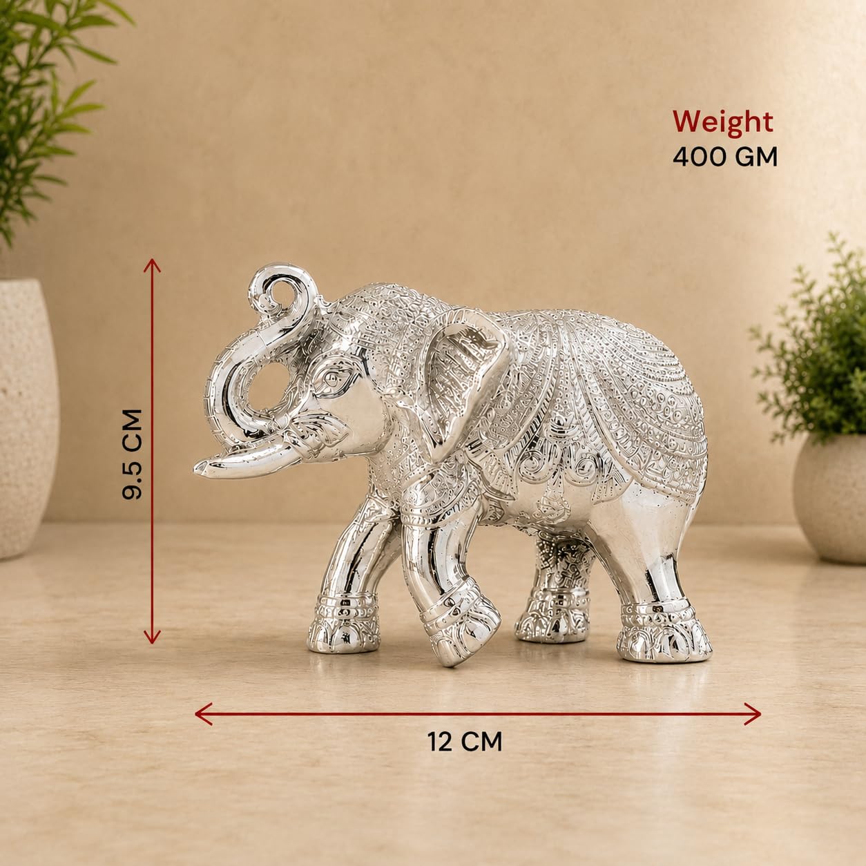 KridayKraft Decorative Silver Elephant Trunkup Silver Plated Statue, 12 cm x 9.5 cm, 400 gm, Intricately Carved Metal Figurine