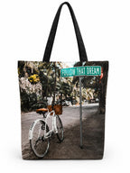 MINTHILL Canvas premium Tote Bag for Women with Zipper & liner, innerpocket Reusable Shoulder Bag for Shopping, Work, Travel, Daily Carry, Lightweight, Easy Care (Cycle Print)