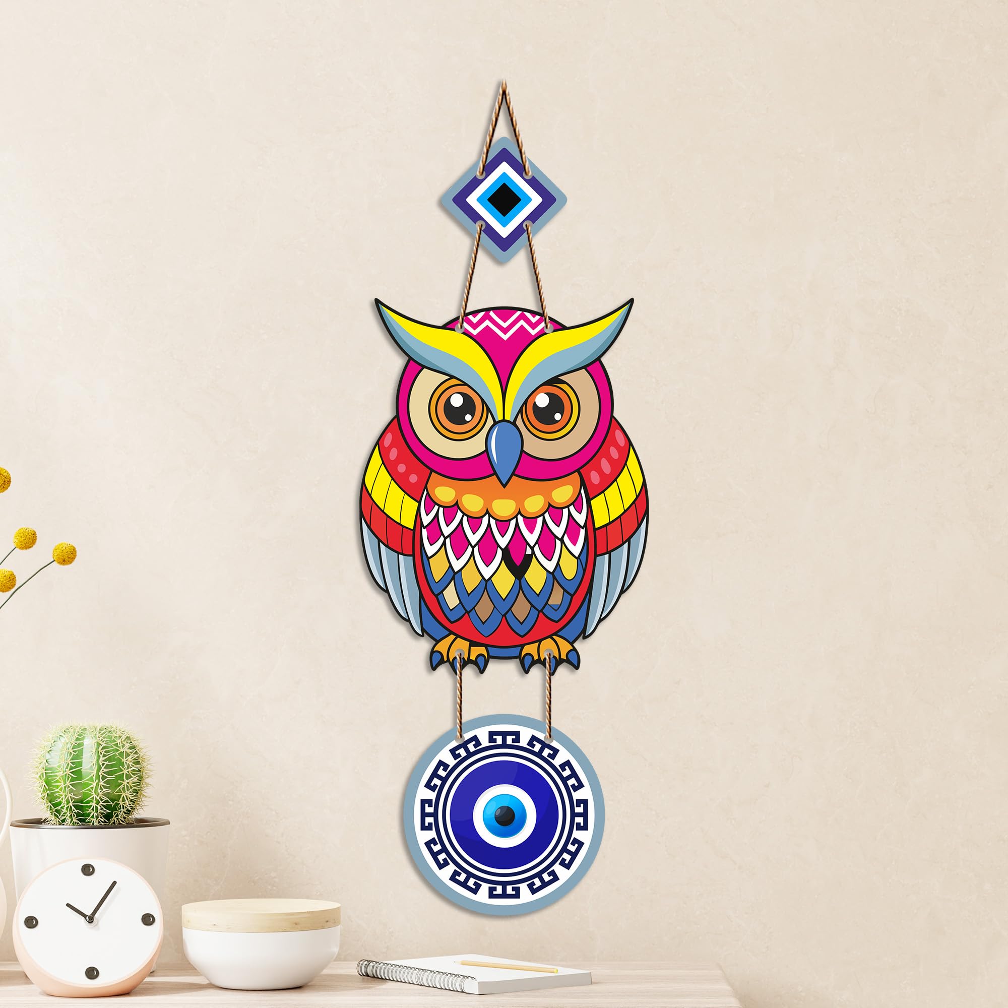 Artvibes Artistic Owl Nazar Battu Wall Hanging for Home Entrance | Evil Eye MDF Decorative Wall Art | Lucky Charm Decor for Bedroom | Living Room | Office & Balcony | Housewarming Gift (WH_8525N)