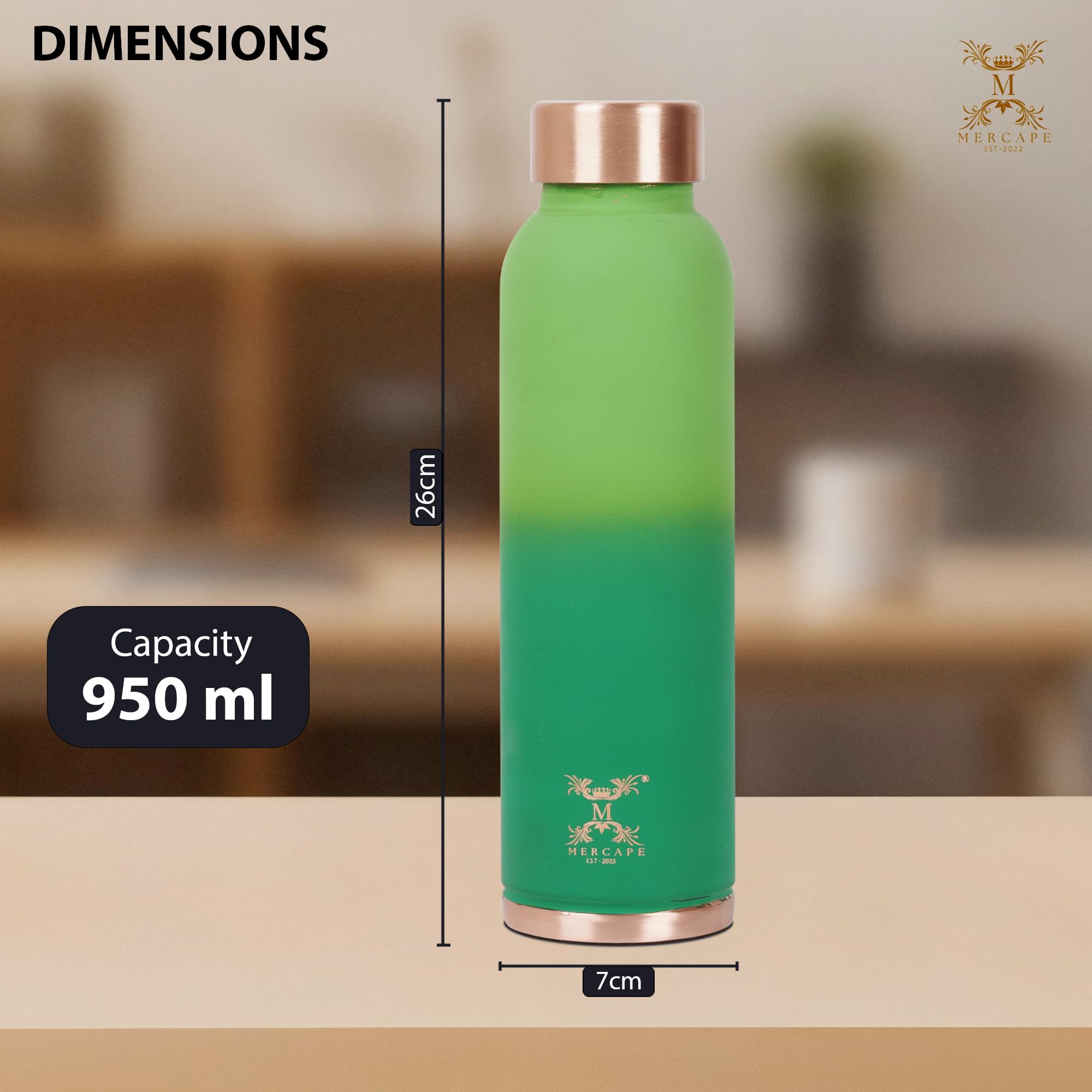 MERCAPE Pure Copper Color Water Bottle 950 ml | Matte Finish Reusable Metal Bottle with Leak-Resistant Cap | Suitable for Home, Office & Travel (Green Gradient)
