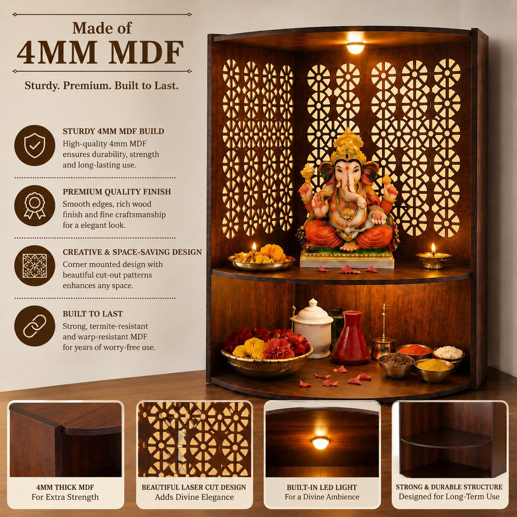 Fliptic Corner Pooja Mandir for Home & Office with LED Light | Wall Mounted Wooden Temple for Corner | Compact Devghar for Home, Living Room & Prayer Room | DIY Wall Mandir (17 x 11 x 11 Inch)