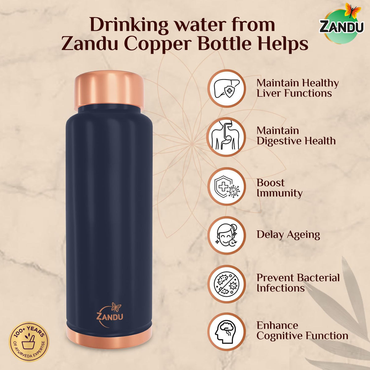 Zandu Copper Bottle (Blue): Prepared with 100% Pure Copper |Supports Digestive & Liver Health | Helps Enhance Immunity| Useful in Promoting Overall Health (Pack of 950 ml)
