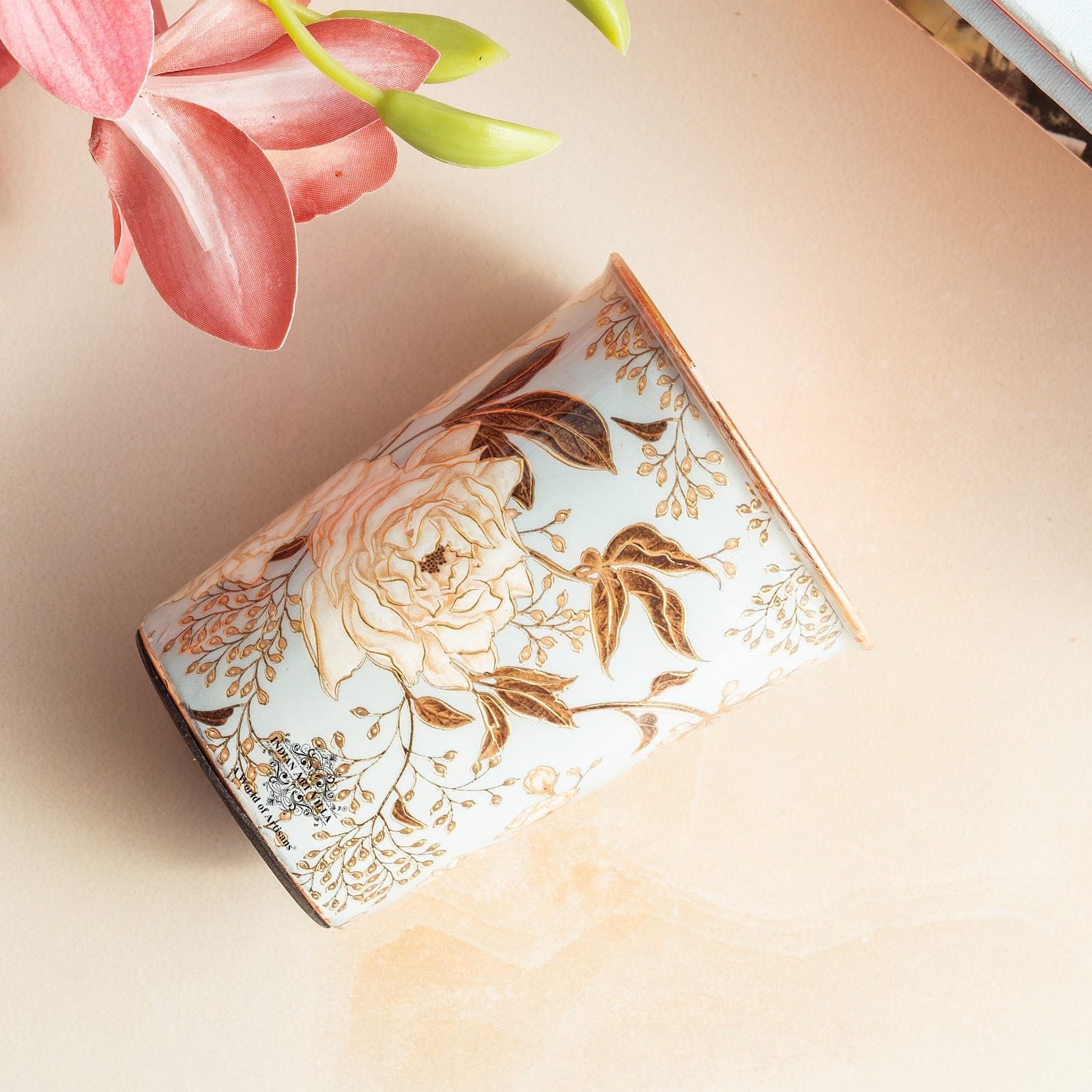 INDIAN ART VILLA Copper Gold Print Design Glass, 275 ML, Copper Ayurvedic Drinkware for Daily Water Drinking, Elegant Floral Printed Tumbler for Home, Office, Kitchen & Gifting, Set of 6