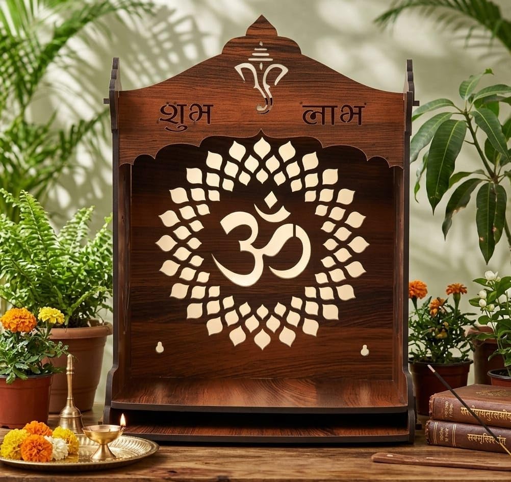 Wooden Pooja Mandir for Home, Pine Wood Temple, Decorative Hindu Mandir with Storage Shelf for Puja Room & Living Room Decor (32X26X20 Cms, Natural Wood Brown, Om)