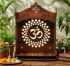 Wooden Pooja Mandir for Home, Pine Wood Temple, Decorative Hindu Mandir with Storage Shelf for Puja Room & Living Room Decor (32X26X20 Cms, Natural Wood Brown, Om)