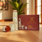 MERCAPE® Pure Copper Water Bottle Gift Set with 2 Copper Glasses (300 ml Each) | Decorative Printed Design | Leak Resistant Screw Cap | Reusable Copper Drinkware Set | 900 ml