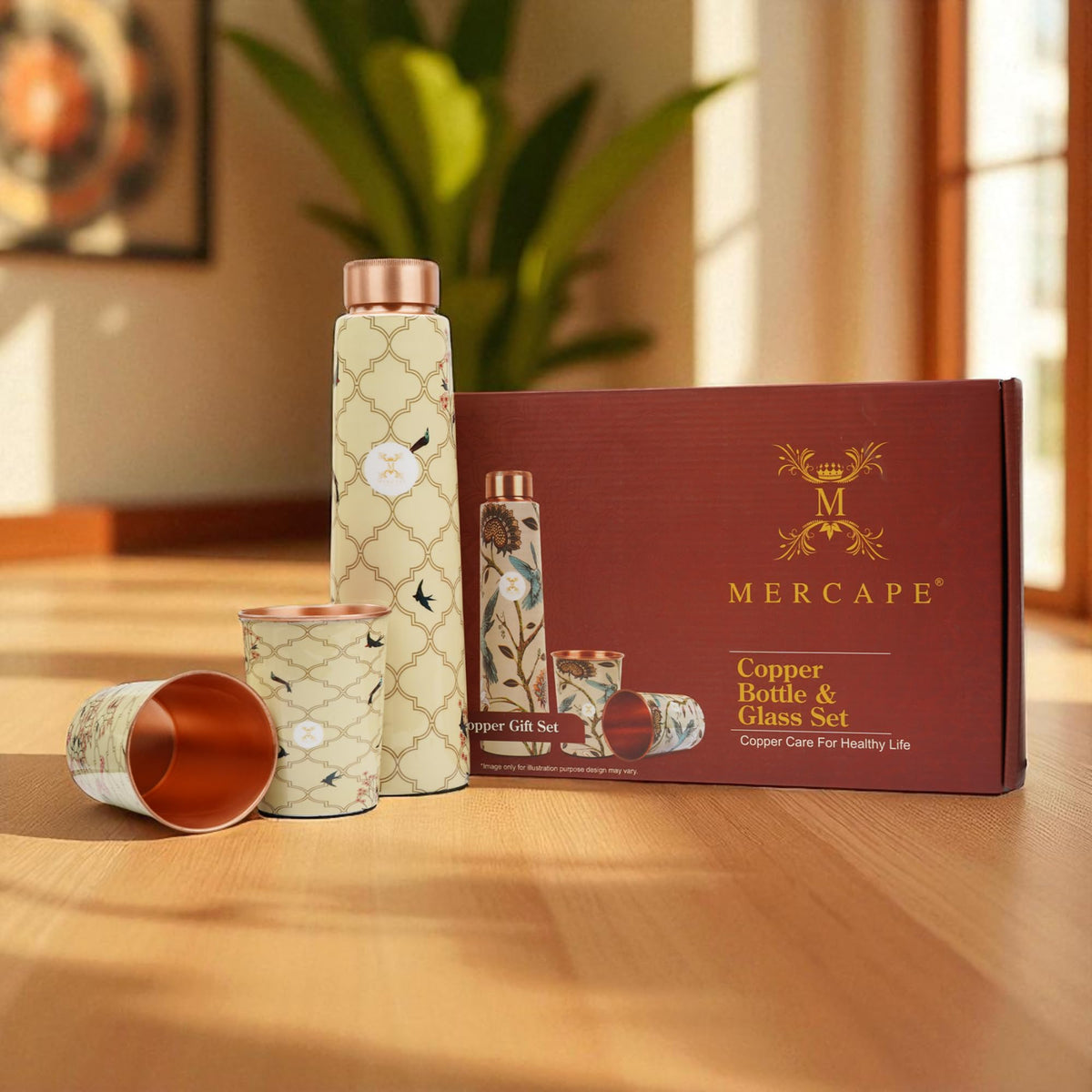 MERCAPE® Pure Copper Water Bottle Gift Set with 2 Copper Glasses (300 ml Each) | Decorative Printed Design | Leak Resistant Screw Cap | Reusable Copper Drinkware Set | 900 ml