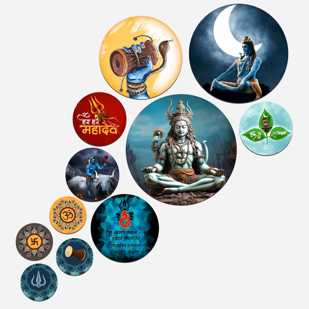 Artvibes Lord Mahadev Trishool & Damru Round Shape MDF Wooden Wall Decor Items | Spiritual Decor Items | Lord Shiva Painting | Wall Poster| Stylish Modern Decor Item | Gift Items (WPS_144N), Set of 11