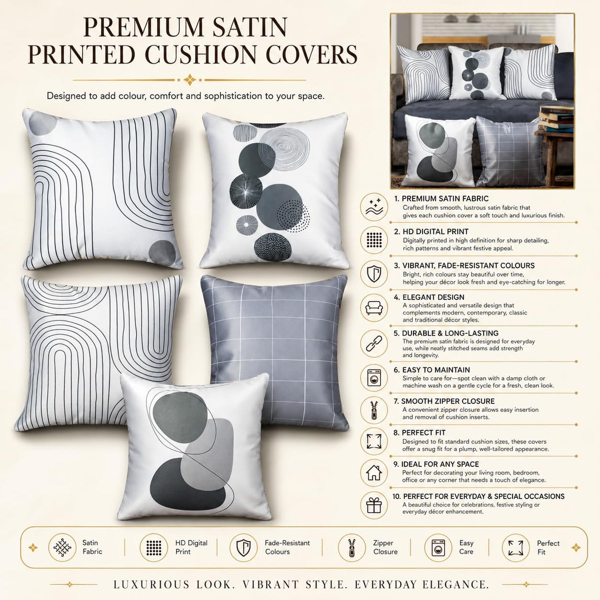 Vendola Decorative Satin Sofa Cushion Covers Set of 5, 20 inch x 20 inch, Sofa Cushion Pillow Cover, White and Grey, Zipper Closure (Monochrome, 20X20 Inches)
