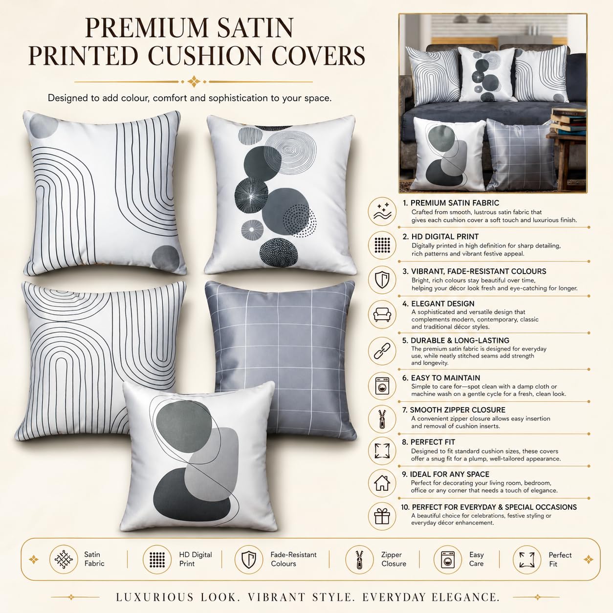 Vendola Decorative Satin Sofa Cushion Covers Set of 5, 12 inch x 12 inch, Sofa Pillow Cover, White and Grey, Zipper Closure (Monochrome, 12X12 Inches)