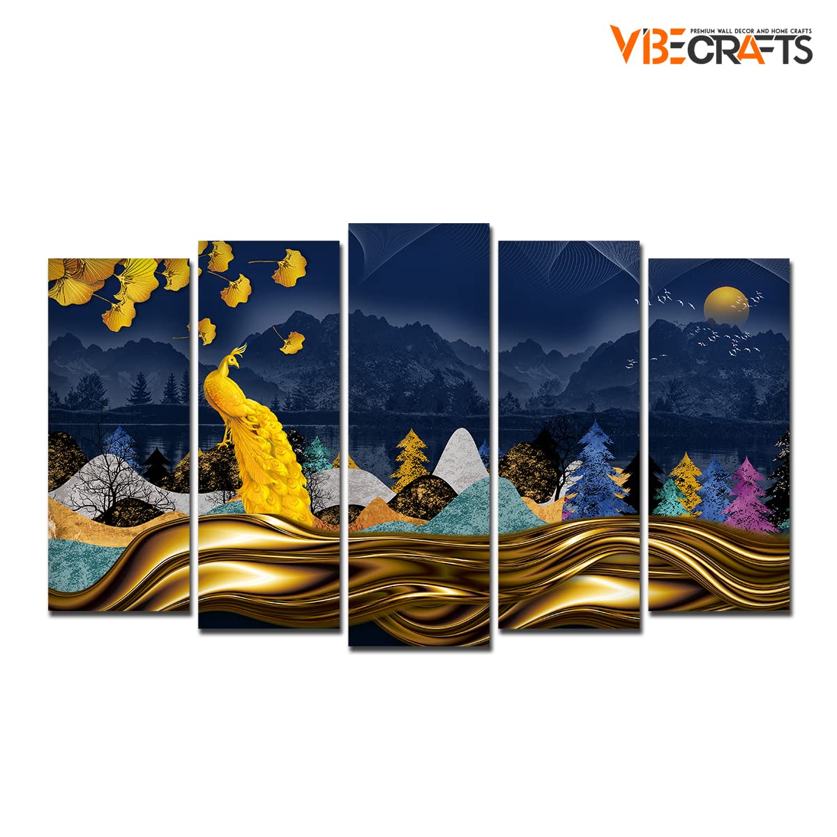 VIBECRAFTS Golden Peacock In Dark Forest 5 Pieces Canvas Wall Painting For Home|Office|Living Room|Gift (PTVC5Pcs2_6513)