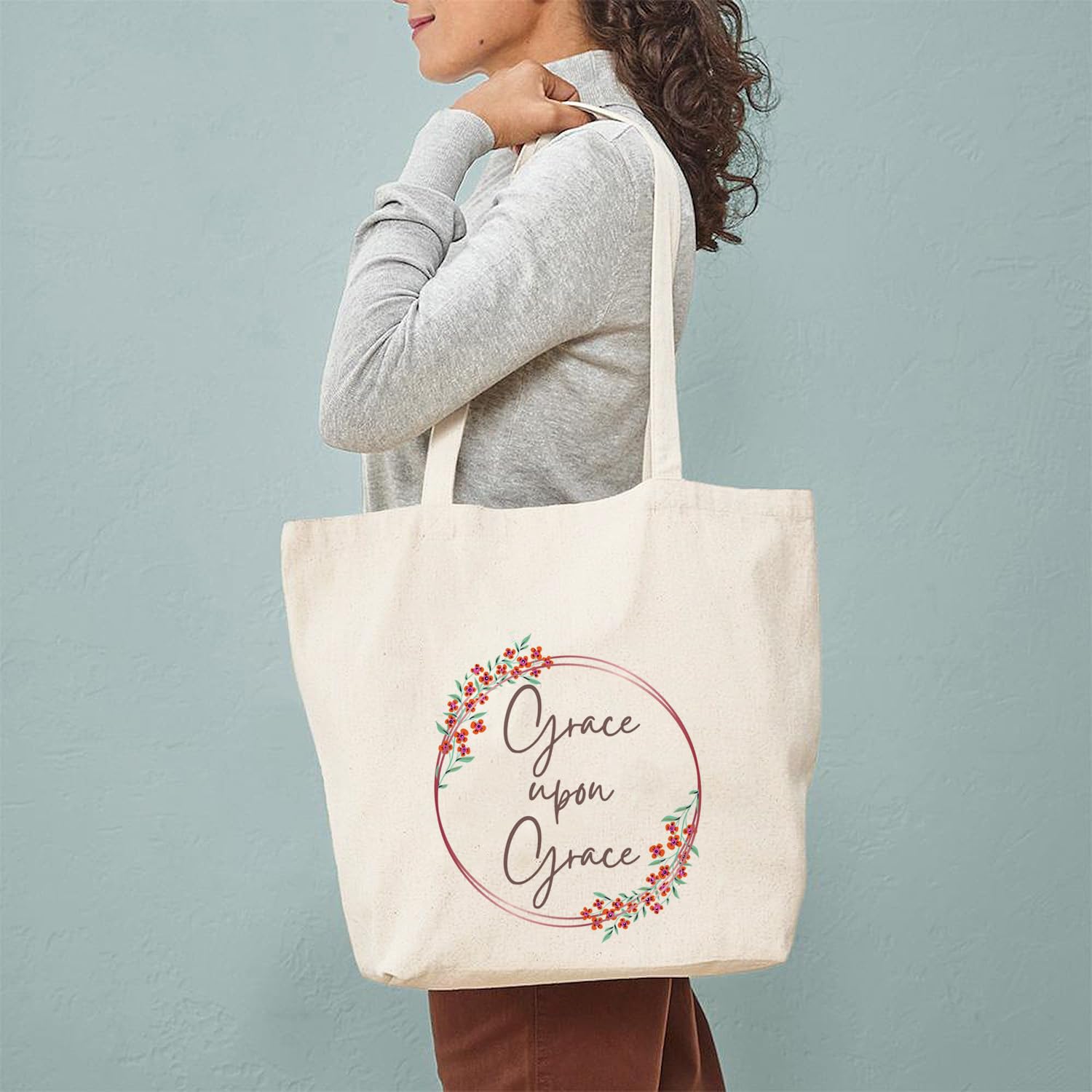 Heu Grace Quote Printed Canvas Tote Bag | Eco-Friendly Reusable Cotton Shoulder Bag | Floral Minimal Inspirational Shopping Tote for Women