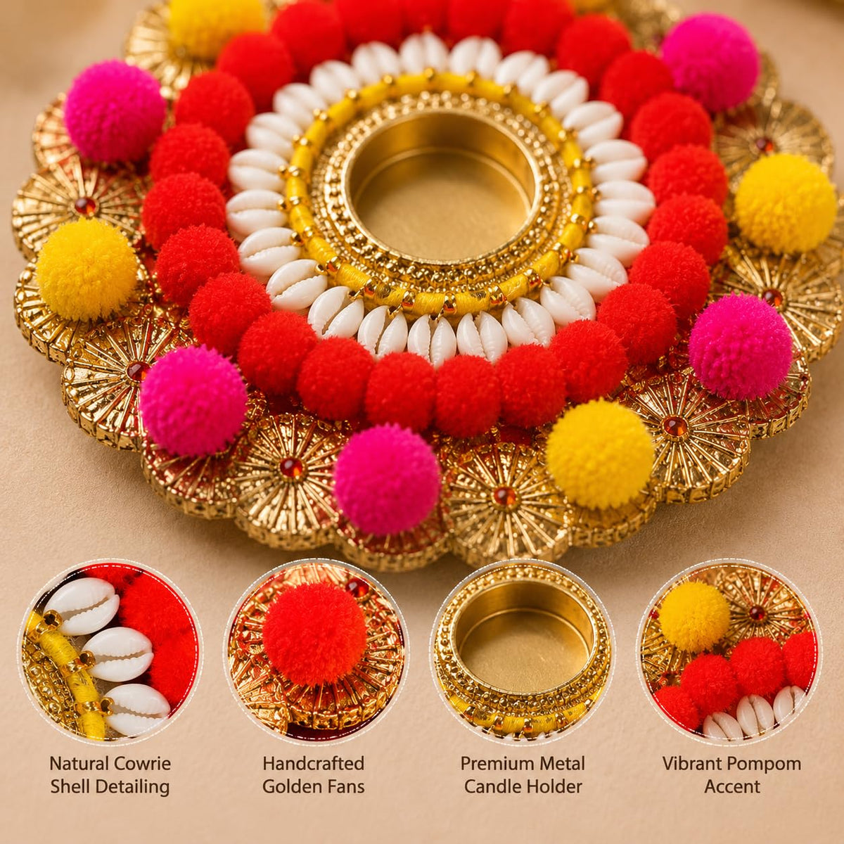 Rajasthan Kraft Handmade Tealight Candle Holder Set of 4 for Diwali Decoration | Decorative T-Light Holder with Cowrie Shell & Pom Pom Design | Festive Home Décor for Puja, Rangoli, Wedding | 3x3 Inch