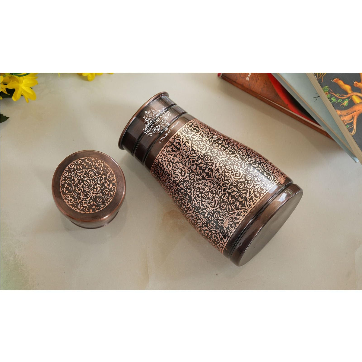 INDIAN ART VILLA Pure Copper Bedroom Water Bottle with Inbuilt Glass, Dark Embossed Design, Bedside Carafe, Ayurvedic Health Benefits, 950 ML (Pack of 1)