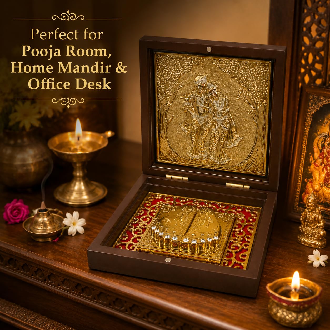 Radha Krishna Design Charan Paduka Pocket Temple for Pooja Room, Home Mandir, Car Dashboard & Prayer Space | Pearl & Brown Finish | Spiritual Gift & Housewarming Gift (Brown, Medium)