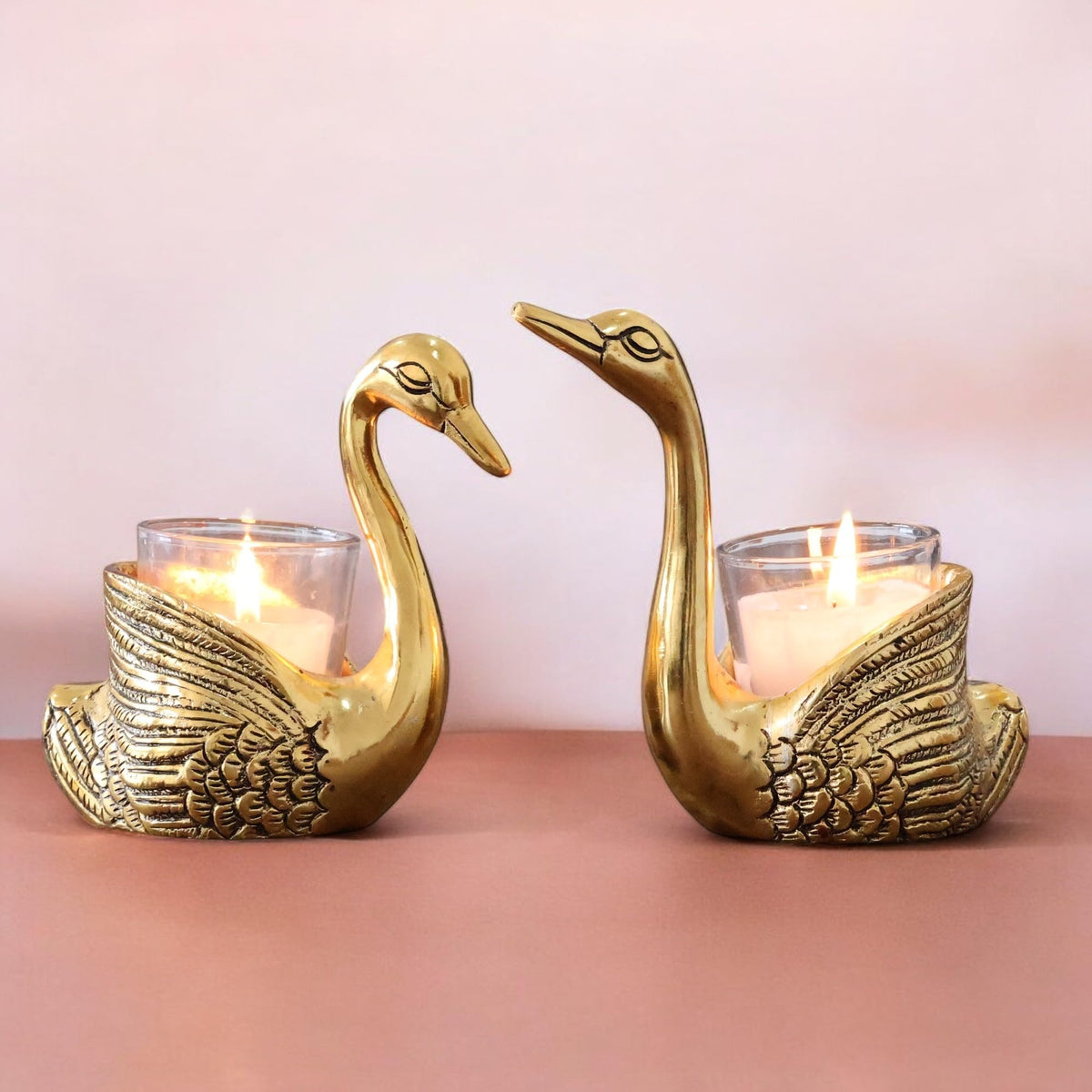 KridayKraft Aluminium Pair of Swans for Good Luck and Love | Candle Holder for Home Decor Tabletop | Showpiece for Gifting Anniversary Valentine's Day (Votive Candle Holders)