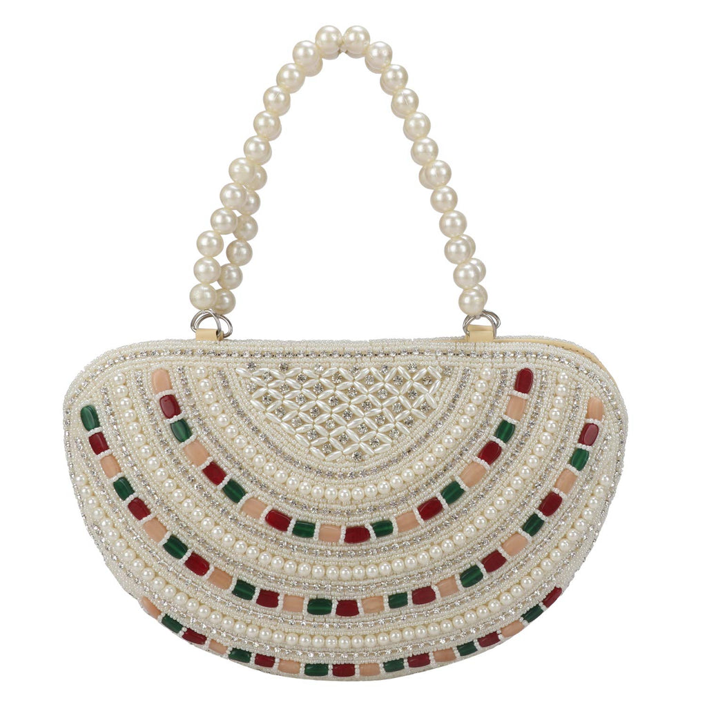 LONGING TO BUY Women's Multicolour Stone in Vintage Style Pearl Tote Purse Wrist Bag (Off White)