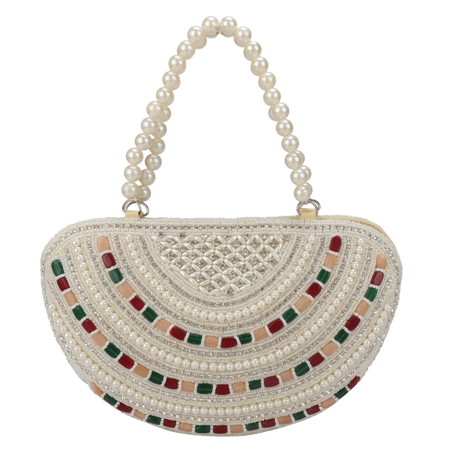 LONGING TO BUY Women's Multicolour Stone in Vintage Style Pearl Tote Purse Wrist Bag (Off White)