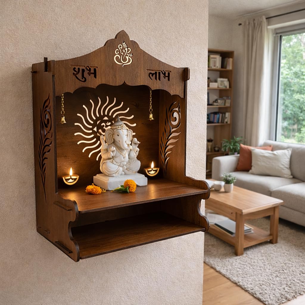SHIV FURNITURE Mangal Beautiful Wooden Pooja Stand for Home, Temple, Office, Wall Mounted Puja Mandir with LED Spot Light, Size (H- 15.5, L- 11.5, W-11 Inch)