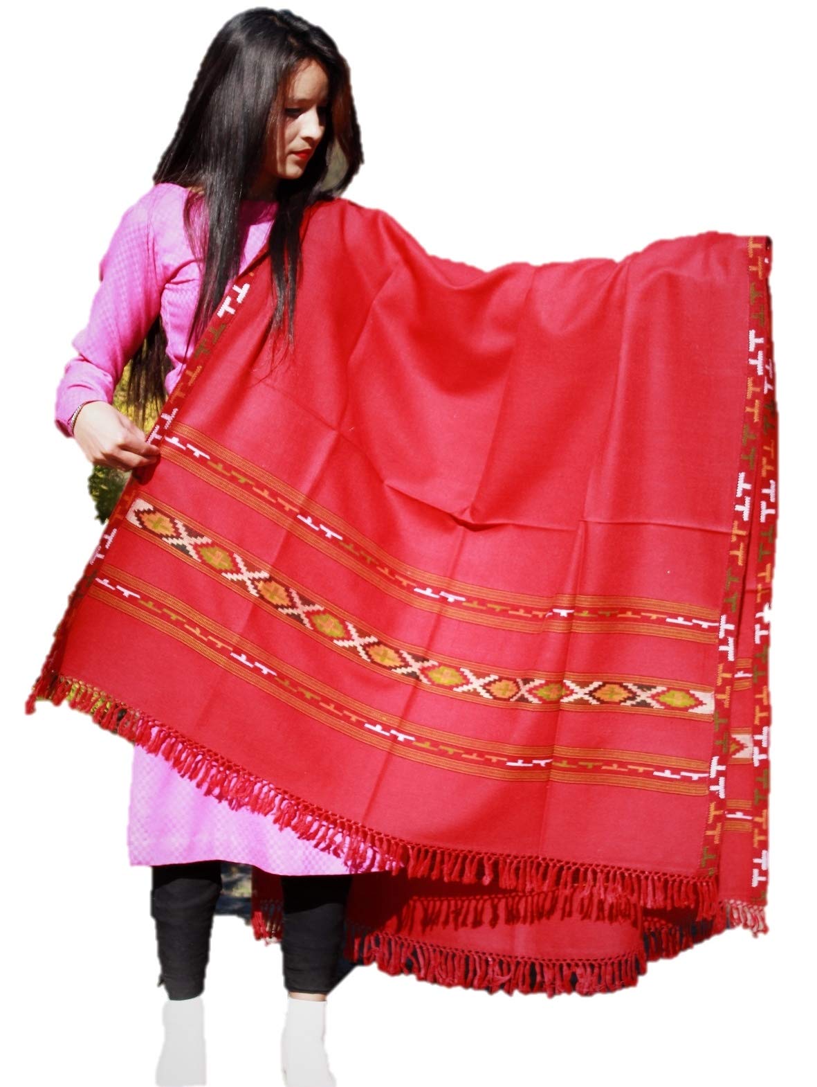 HImalayanKraft Hand Woven Kullu Handloom Pure Woolen Shawl Dark Red Colored with Beautiful Kullu Weaving Designed for Women and Girls.