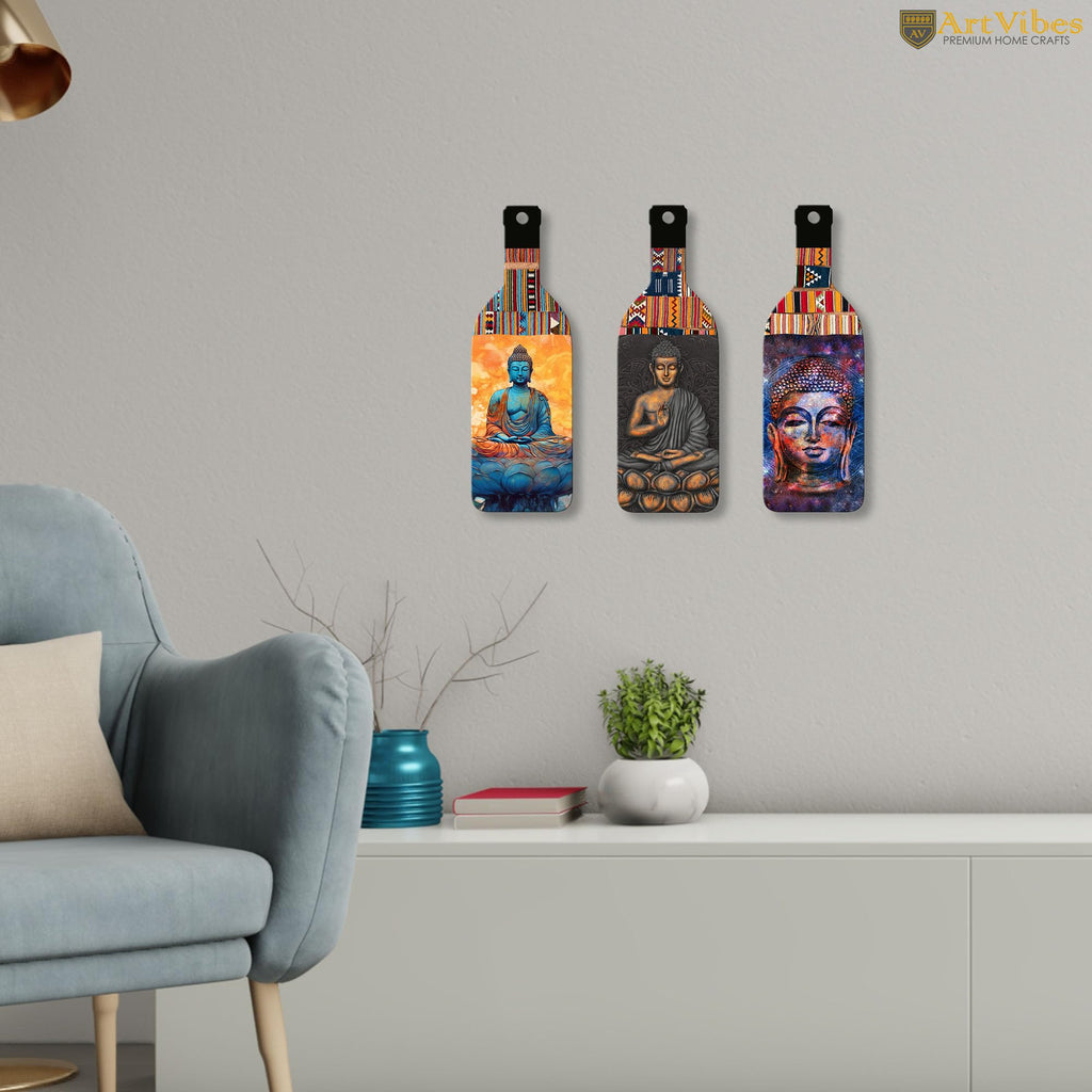 Artvibes Meditating Gautam Buddha Decor Bottle shaped Wooden Wall Hanging | Spiritual Decor Items | Wall Art Painting For Hall | Wall Paintings | Handcrafted Art | Gift Items (WH_9502N), Set of 3