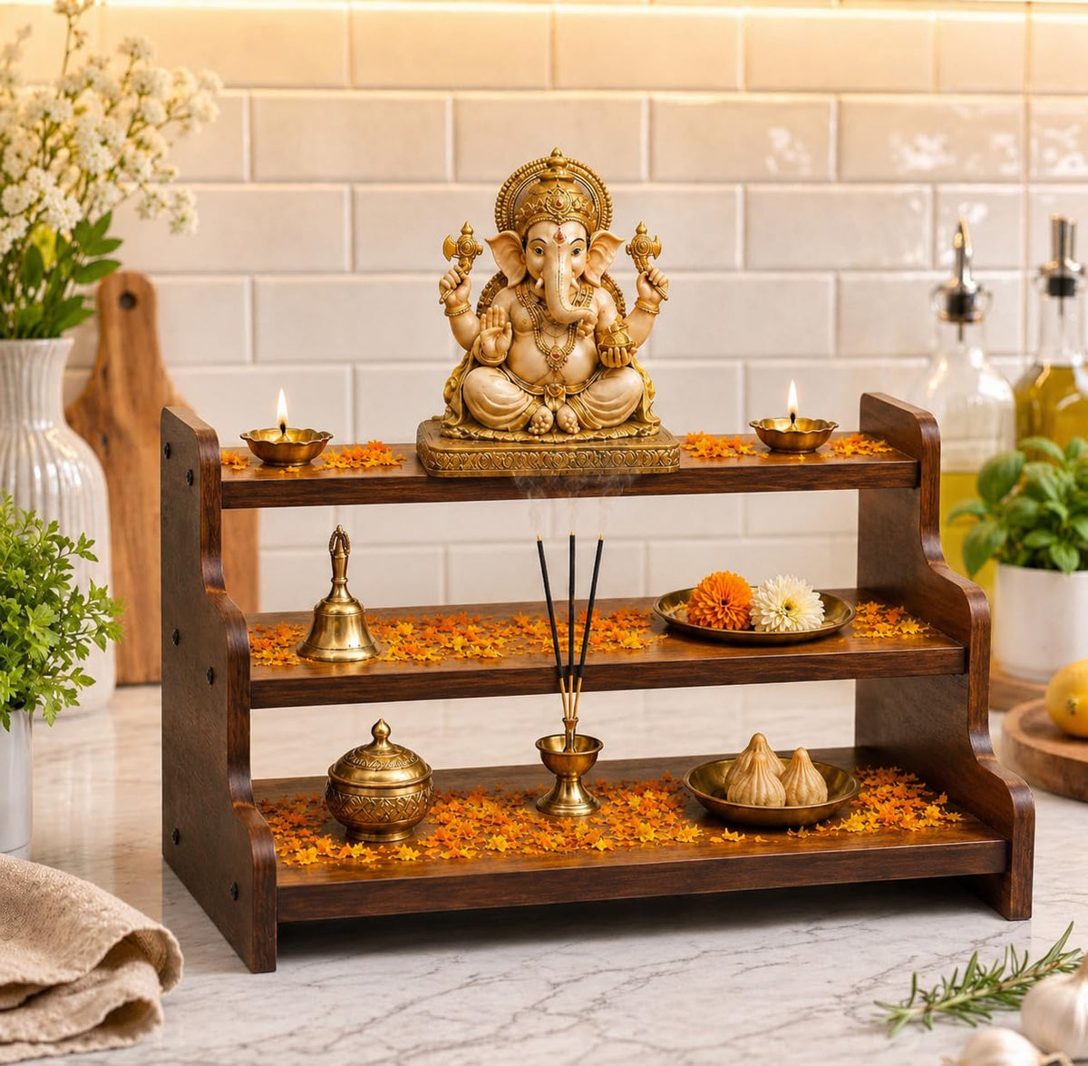 Wooden Mandir Shelf, Pooja Temple Wall Mount, Puja Decor, Idol Prayer Shelf