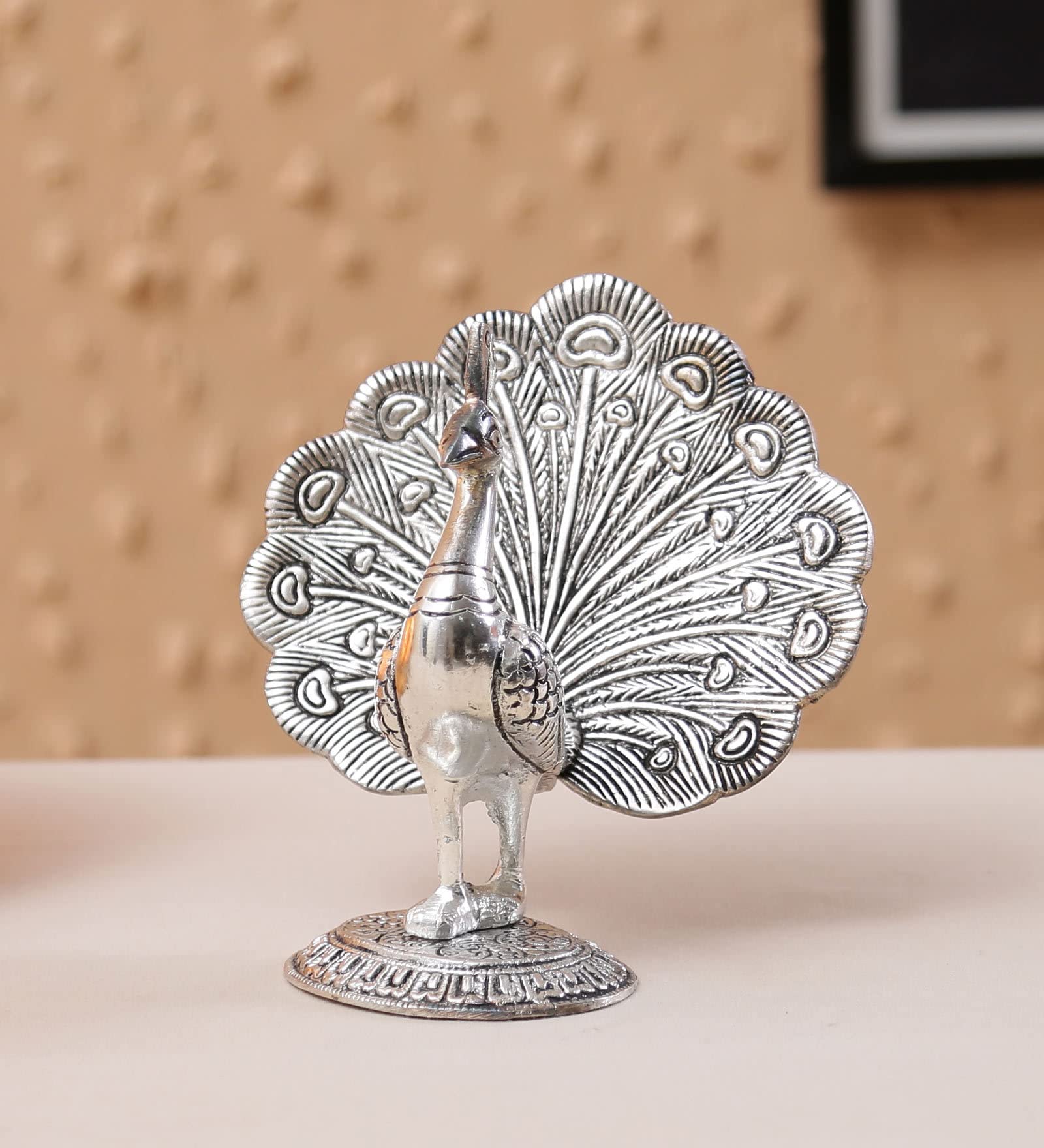 KridayKraft Peacock Metal Statue Idol Decorative Showpiece Feng Shui As Table Top Figurine for Living Room Bedroom Home Office Décor for Decoration & Gifting Purpose (Silver)