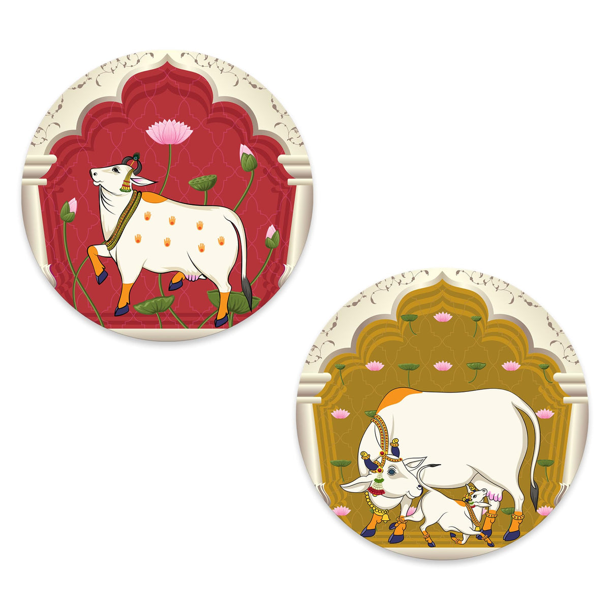 Artvibes Sacred Cow Pichwai Art Round Shape MDF Wooden Wall Decor Items | Living Room | Handcrafted Art | Wall Illustrations | Art Prints | Aesthetic Wall Art | Ideal Gifts (WH_8801NN), Set of 2