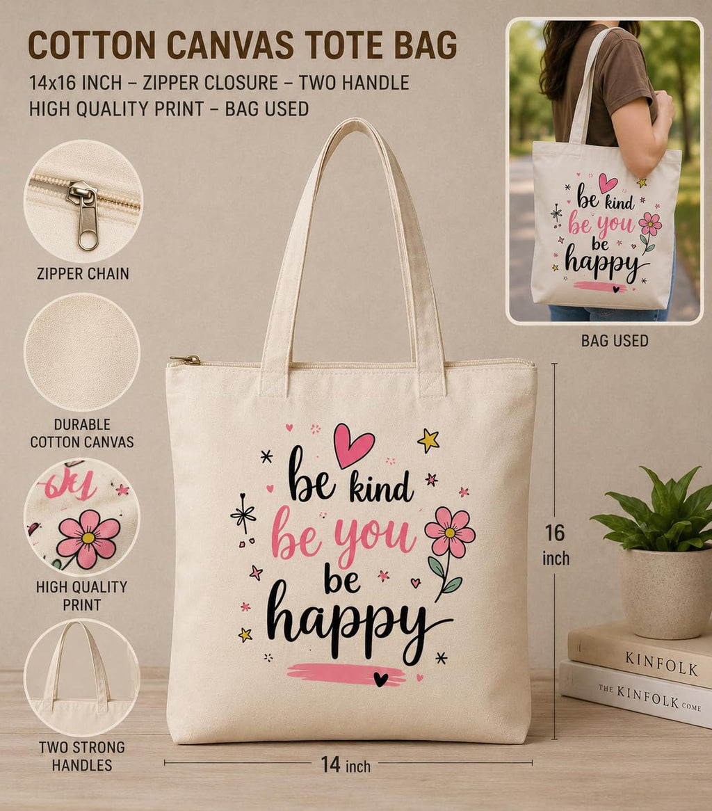Supadaa Large Canvas Tote Bag For Women With Zipper Premium Cotton Shoulder Handbag Reusable Shopping Office College Travel Beach Grocery Bag (Happy)