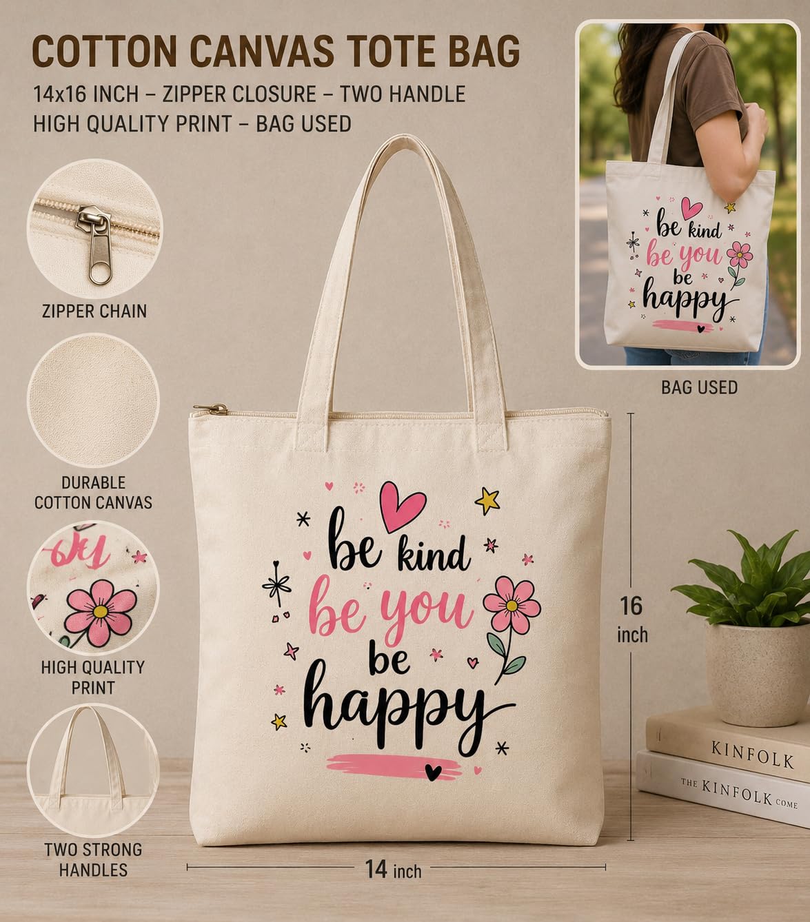 Supadaa Large Canvas Tote Bag For Women With Zipper Premium Cotton Shoulder Handbag Reusable Shopping Office College Travel Beach Grocery Bag (Happy)