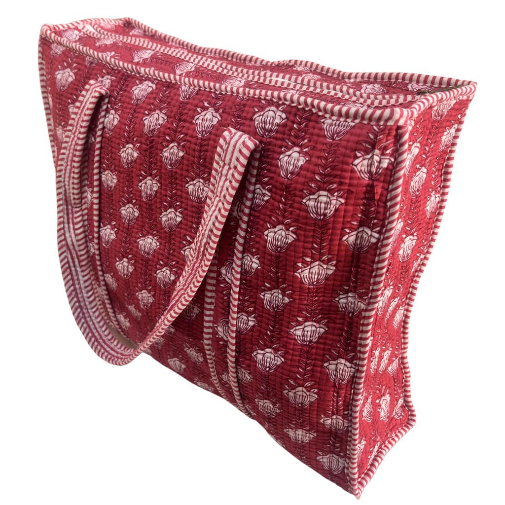 Bazaar Bhoot Edition Premium Cotton Quilted Shopping Tote Bag - Multipurpose Long Lasting Foldable Reusable Bag with zipper for Shopping, Travel & Daily Use - Made in India (Dark Pink)