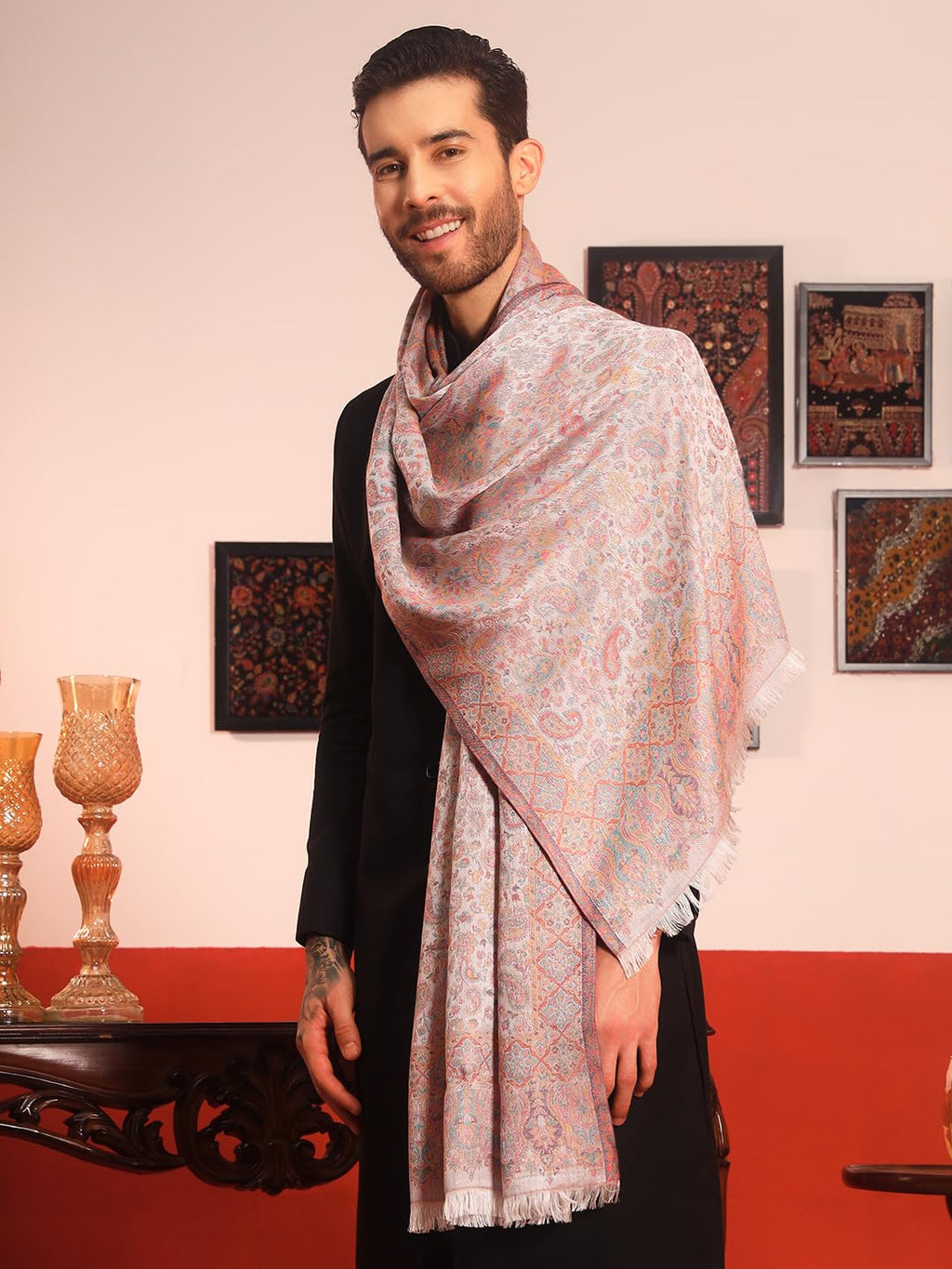 Pashmoda Men Chandni Kaani Stole, Authentic Kashmiri Luxury Pashmina Style Shawl, Stole, Small Size Gents Lohi, (Size 28x80 Inches,White Color) MAVST07