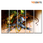 VIBECRAFTS Krishna Playing Bansuri 5 Pieces Canvas Wall Painting For Home | Office | Living Room | Gift (PTVC5Pcs4_8505)