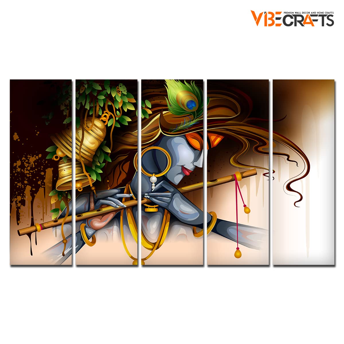 VIBECRAFTS Krishna Playing Bansuri 5 Pieces Canvas Wall Painting For Home | Office | Living Room | Gift (PTVC5Pcs4_8505)