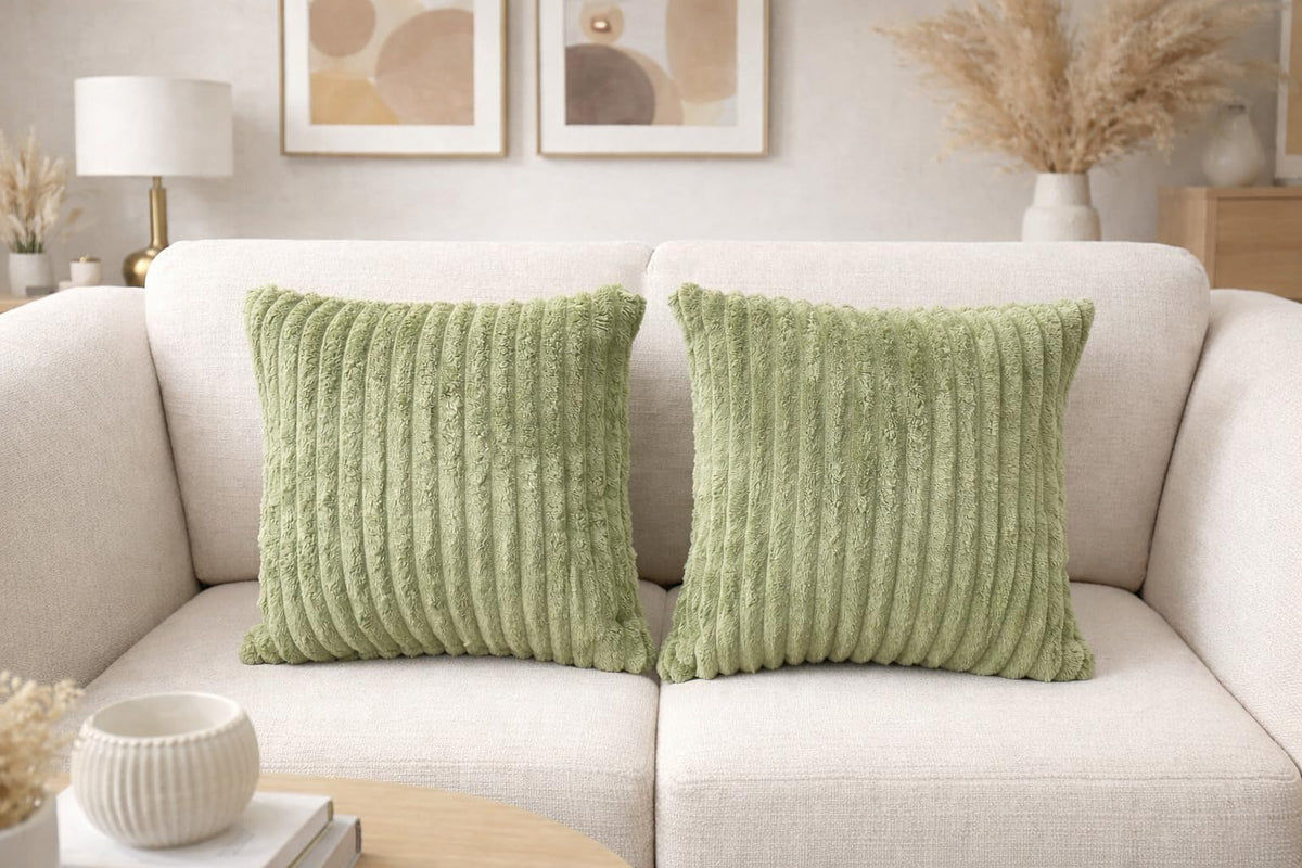 AWARD VELVETS Premium Faux Rabbit Fur Plush Luxury Soft Fluffy Striped Decorative Throw Pillow/Cushion Covers for Sofa, Couch, Living Room - (Olive Green, 16 x 16 inch) Set of 2