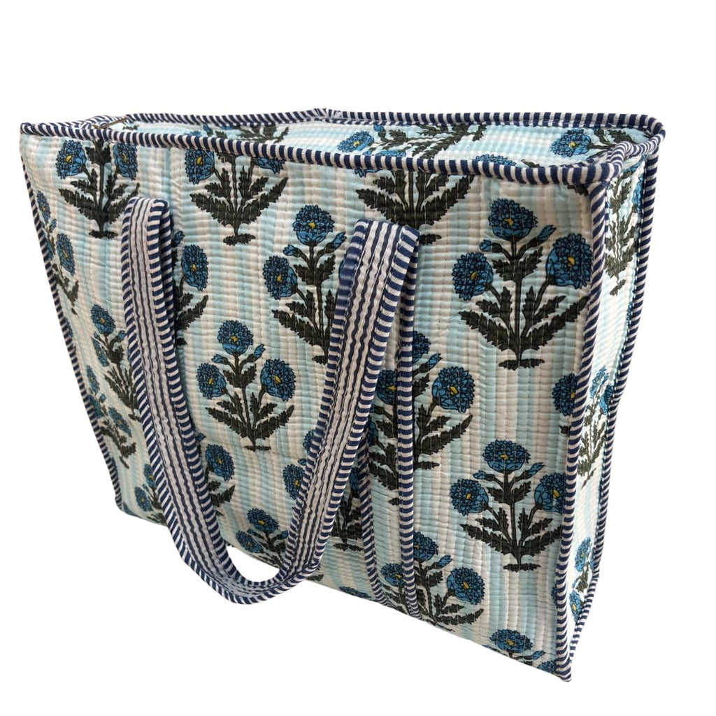 Bazaar Bhoot Edition Premium Cotton Quilted Shopping Tote Bag - Multipurpose Long Lasting Foldable Reusable Bag with zipper for Shopping, Travel & Daily Use (Floral White & Blue (250 GSM Cotton))