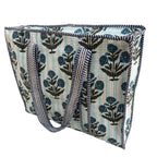 Bazaar Bhoot Edition Premium Cotton Quilted Shopping Tote Bag - Multipurpose Long Lasting Foldable Reusable Bag with zipper for Shopping, Travel & Daily Use (Floral White & Blue (250 GSM Cotton))