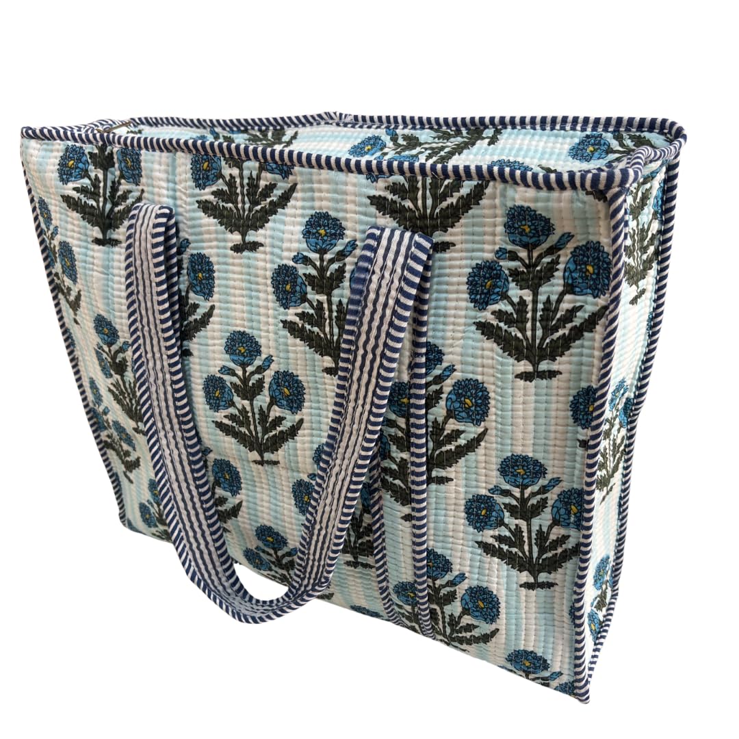 Bazaar Bhoot Edition Premium Cotton Quilted Shopping Tote Bag - Multipurpose Long Lasting Foldable Reusable Bag with zipper for Shopping, Travel & Daily Use (Floral White & Blue (250 GSM Cotton))