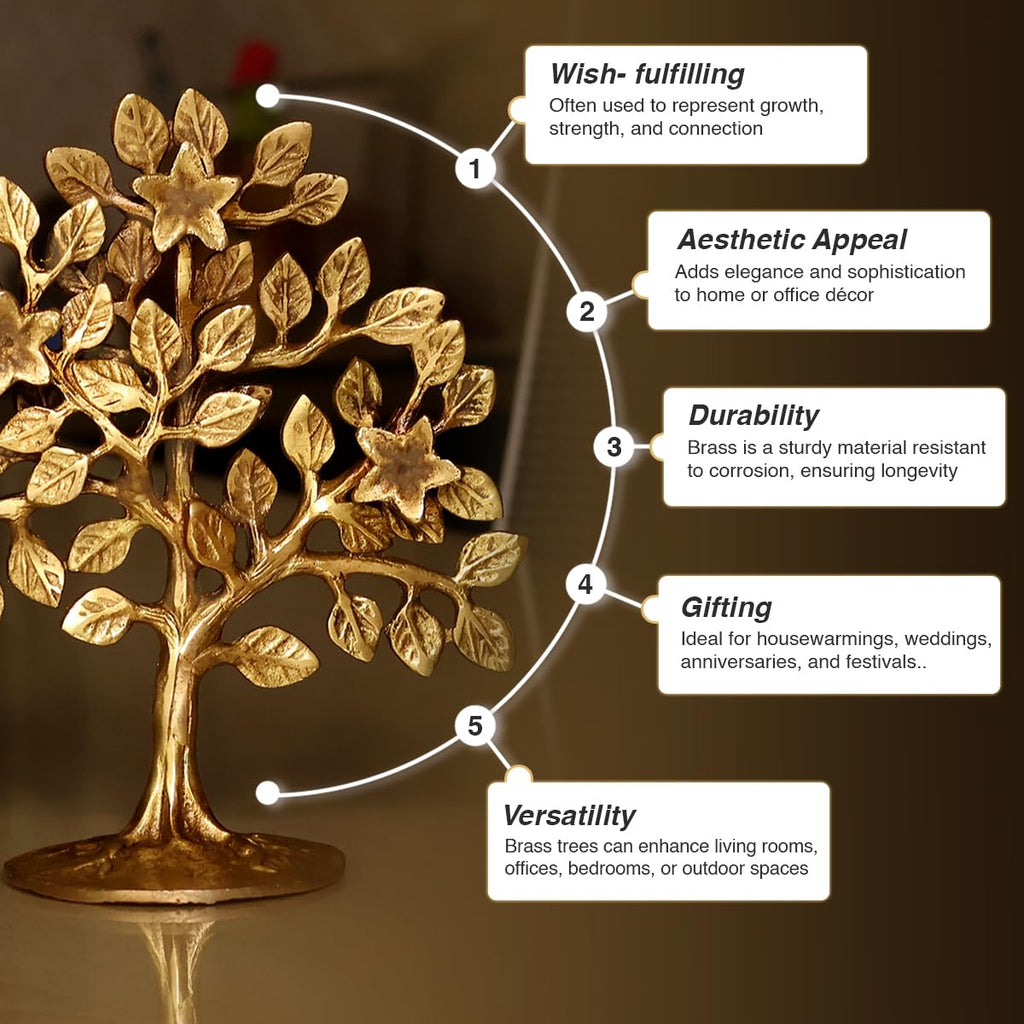 Reiki Crystal Products Brass Kalpavriksha Tree | Handmade Brass Wish-Fulfilling Tree for Home, Office & Temple Décor | 17 cm | 450–500 Gram | Feng Shui, Vastu & Spiritual Decorative Showpiece