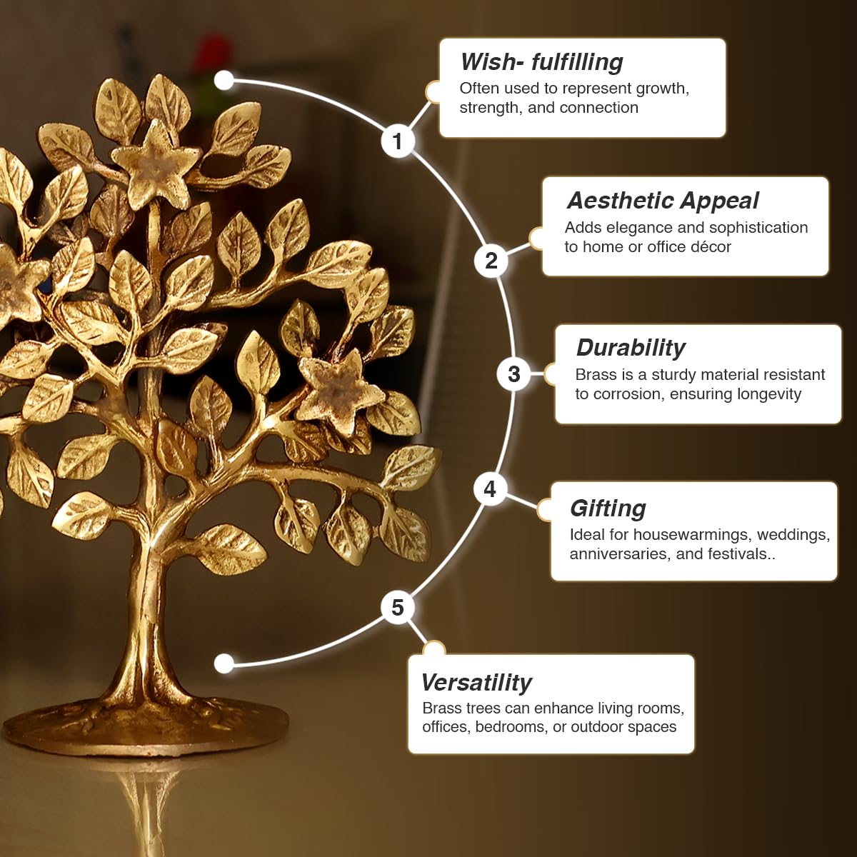 Reiki Crystal Products Brass Kalpavriksha Tree | Handmade Brass Wish-Fulfilling Tree for Home, Office & Temple Décor | 17 cm | 450–500 Gram | Feng Shui, Vastu & Spiritual Decorative Showpiece