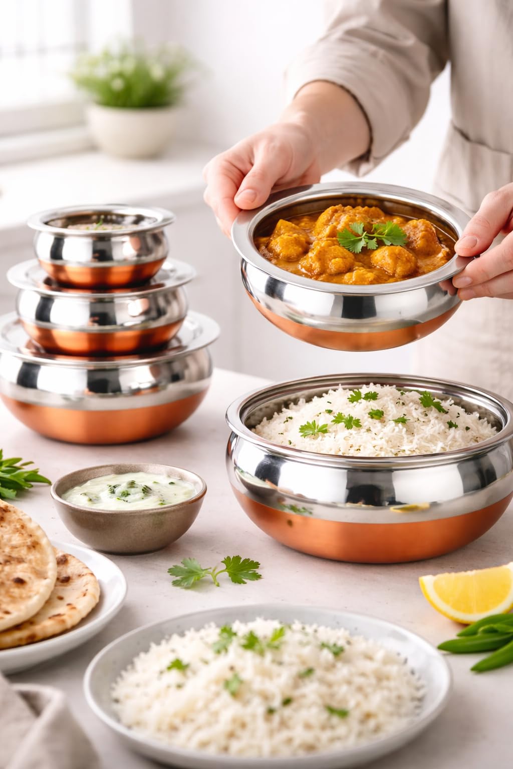 GlamourShop Stainless Steel Copper Base Serving Bowls Handi Set of 5 Pieces, Handi Set with Serving Bowl Set/Cookware Set/Sauce Pot and Handis (5 Handi with Lid's)