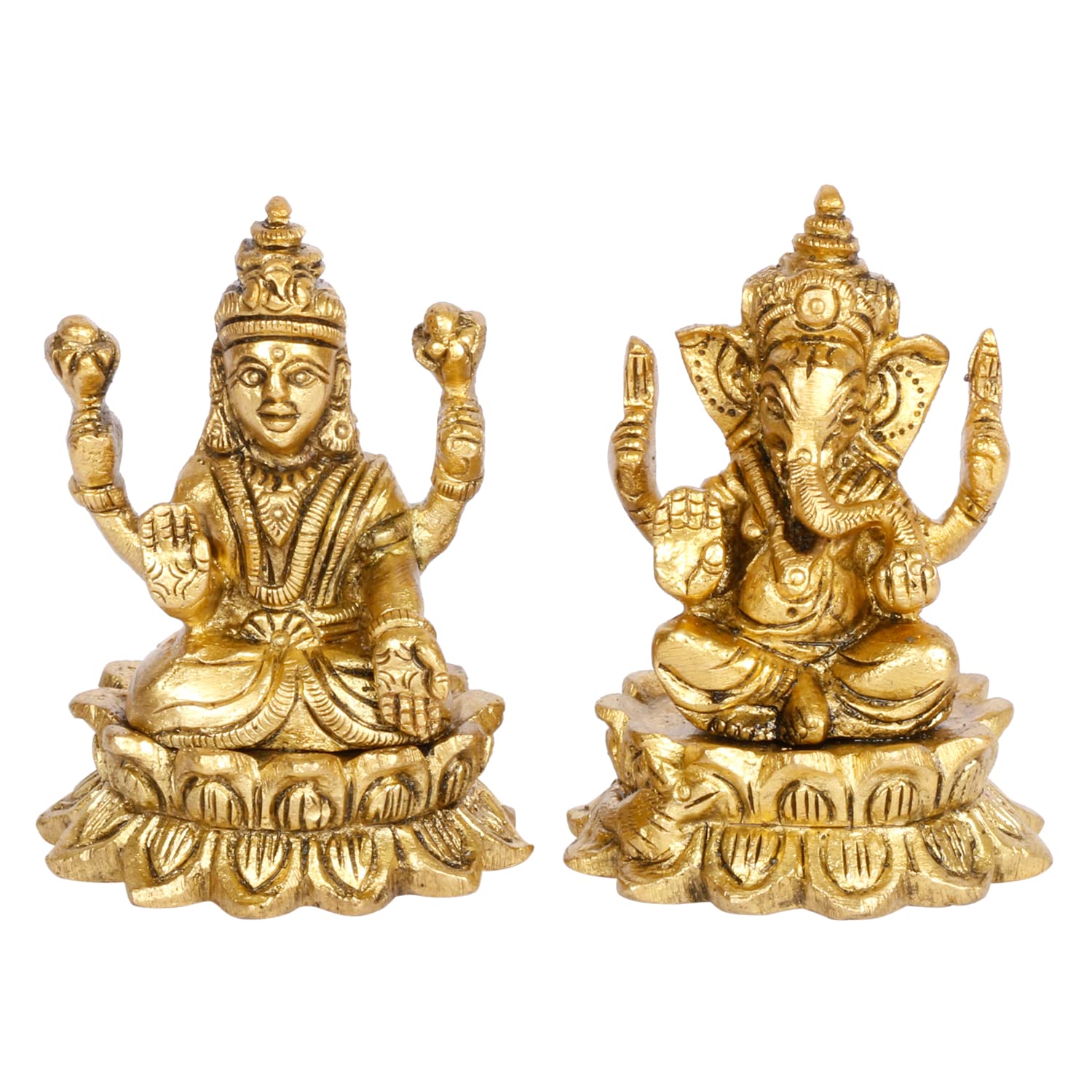ARTVARKO Brass Laxmi Ganesha Sitting Lakshmi Ganesh on Lotus Idol Statue Spiritual Sculpture Puja Showpiece Religious Murti Pooja Gift and Home Decor Small 3 Inch
