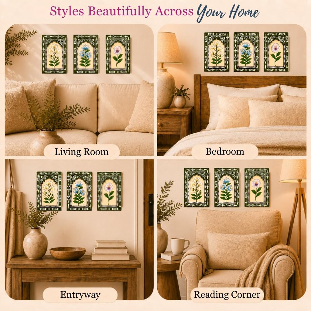 ATRANGI STUDIO Olive Bloom Handpainted Wooden Wall Frames (Set Of 3) | Jharokha Style Floral Wall Hanging | Rajasthani Traditional Art | Framed Wall Painting for Living room, Bedroom, Office | 12×8 Inch