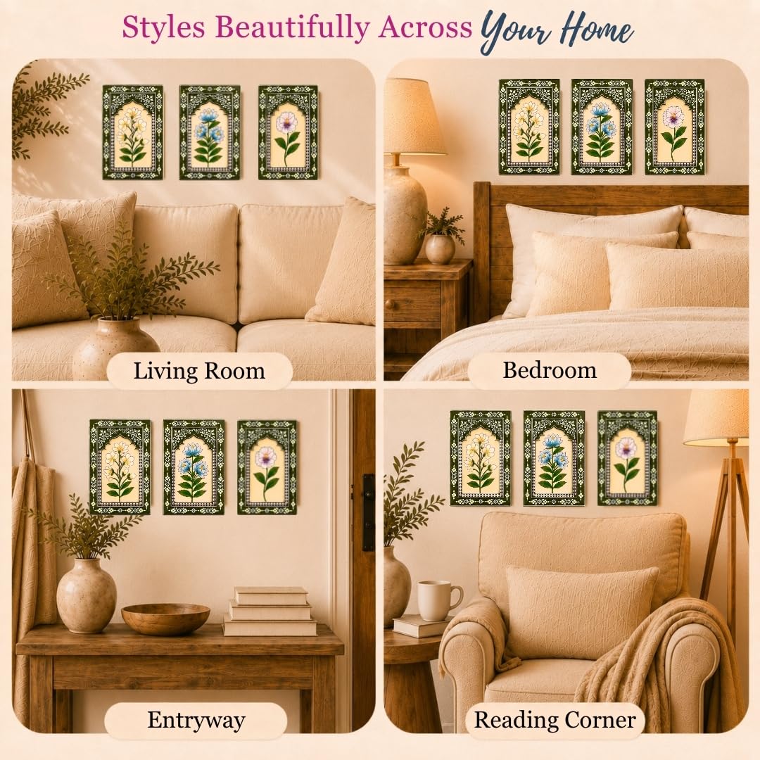 ATRANGI STUDIO Olive Bloom Handpainted Wooden Wall Frames (Set Of 3) | Jharokha Style Floral Wall Hanging | Rajasthani Traditional Art | Framed Wall Painting for Living room, Bedroom, Office | 12×8 Inch