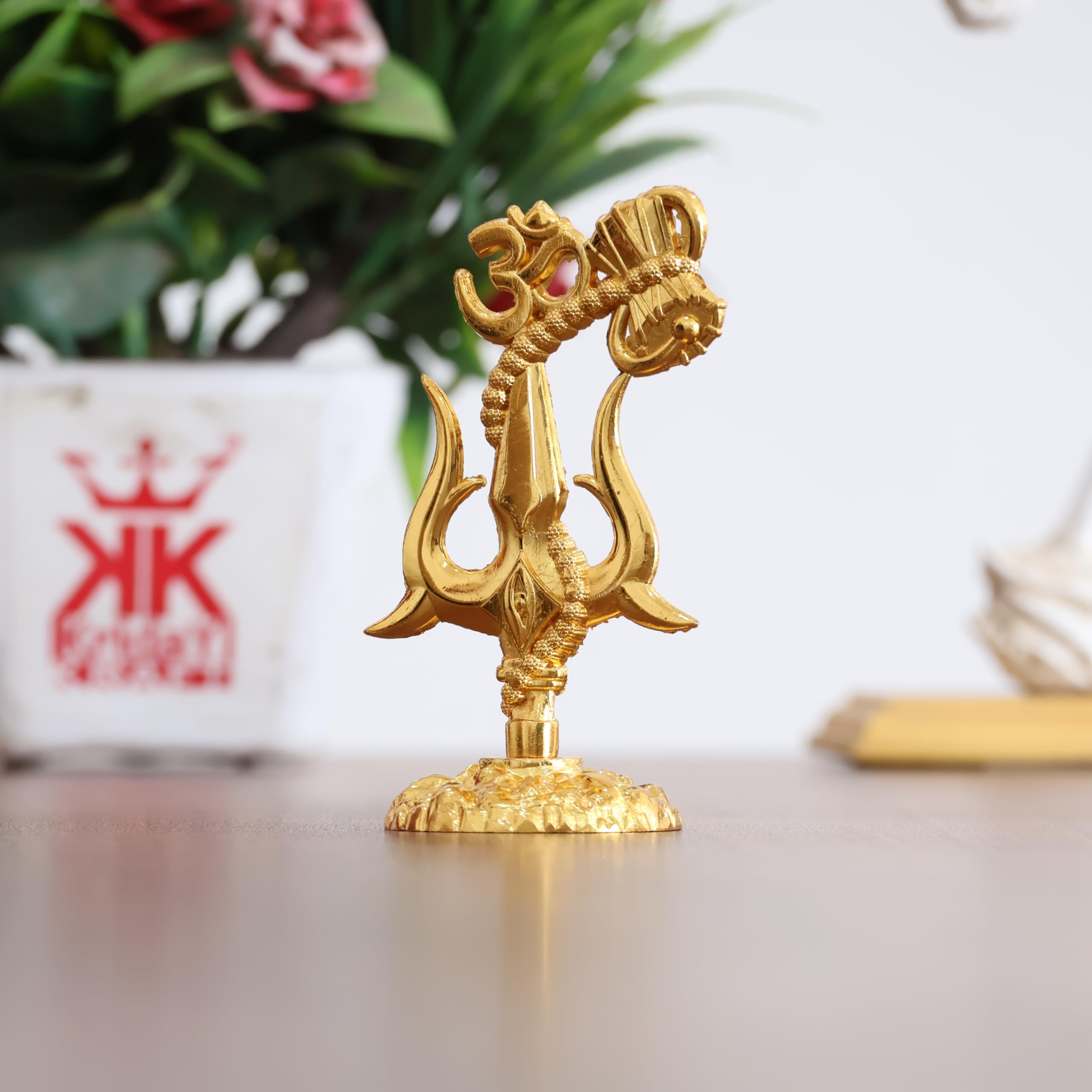 KridayKraft Metal Shivshakti Om Trishul Damru Rudaksha Mala Idol Symbol Statue. (Gold Finish)