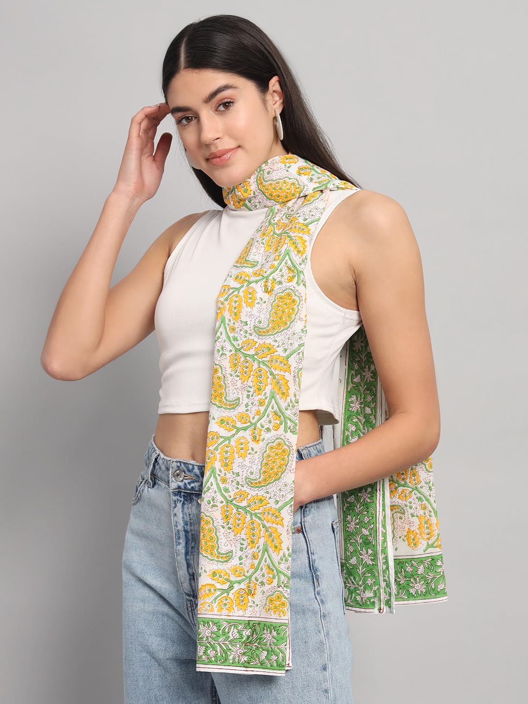 Ravaiyaa - Attitude is everything Female Cotton Women White & Yellow Hand Block Leaf Printed Scarf 71 X 21 Inch